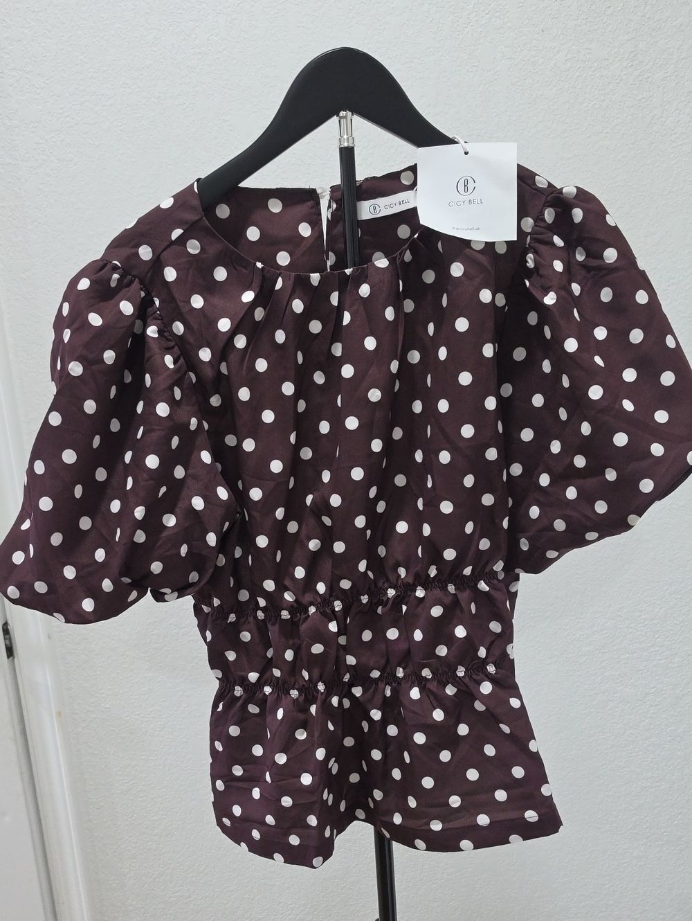 Cici Bell Women's Brown Polka Dot Puff-Sleeve Blouse